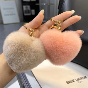 Real Rex Rabbit Fur Heart Keychain Cute Plush Pom Pom Bag Charm Handmade Heart Shaped Keyring Pendant Fashion Women Gift