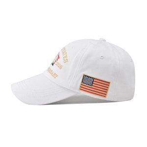 Detailed embroidery of gold anniversary text and US flag on white cotton baseball cap