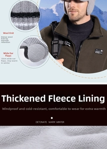 Detail view of winter knitted beanie with ear flaps and thick warm fleece lining texture