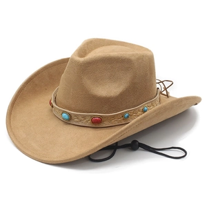 Faux suede western cowboy hat in khaki with turquoise beaded band and windproof cord
