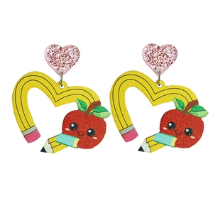 Glittery heart and pencil heart-shaped earrings with cute apple for back to school