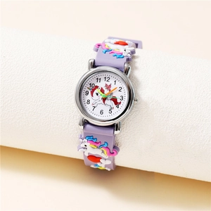Kids unicorn quartz watch with purple 3D silicone strap and rainbow dial design
