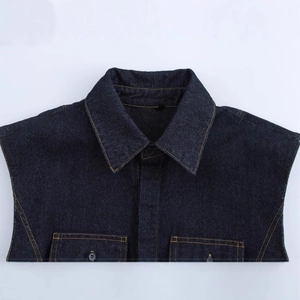 Western style sleeveless dark blue denim vest with contrast stitching and double pockets