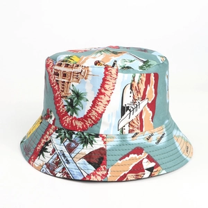 Reversible tropical print cotton bucket hat featuring colorful Hawaii floral patterns
