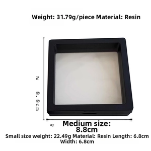 Macro view of black 3D floating frame jewelry boxes with clear PE film and dimensions