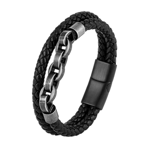 Men's braided black leather bracelet with 316L stainless steel chain and magnetic clasp
