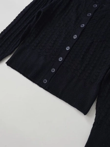 Dettaglio cardigan nero in maglia traforata con bottoni e bordi a costine