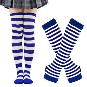 Detailed view of blue and white striped over-knee socks with matching arm warmers set