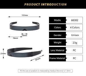 Detailed size specifications for futuristic punk shield sunglasses with PC lens dimensions