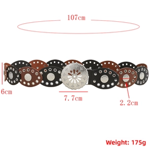 Detail view of oval PU leather patches and vintage metal buckle on bohemian waist belt
