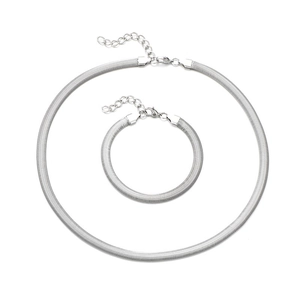 Sleek silver stainless steel flat snake chain necklace and bracelet jewelry set
