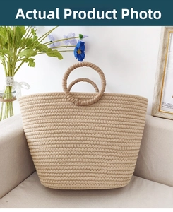 Detailed close-up of a large capacity woven cotton rope beach tote with dual ring handles