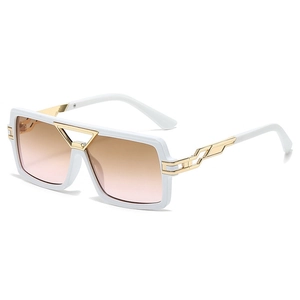 Fashionable white square sunglasses with gradient lenses and gold metal accents