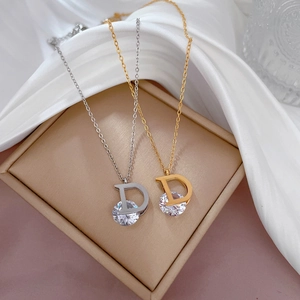 Minimalist D-letter titanium steel pendant necklaces with round zircons in gold and silver
