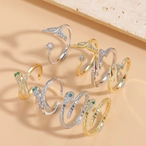 Open Adjustable Ring Copper Zircon Snake Head Fish Tail Geometric Design Fashion Niche Jewelry For Women