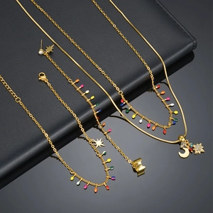 Gold 304 stainless steel jewelry set with stars moon charms and colorful beads