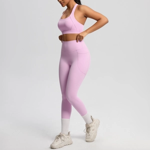 Detail view of double-sided brushed yoga set featuring side pockets and high waist cut