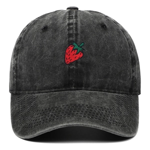 Vintage washed charcoal baseball cap featuring red strawberry embroidery on a white background