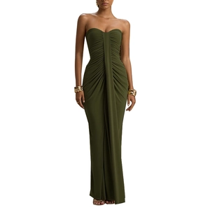 Sexy olive green ruched tube maxi dress with slim fit and elegant backless silhouette