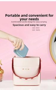 Light blue compact cosmetic pouch inside a leather bucket bag for travel organization