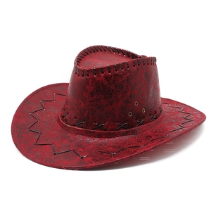 Burgundy cracked leather cowboy hat with black hand-stitched edges and metal vents