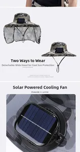 Détail du panneau solaire et du ventilateur sur chapeau camouflage avec protège-nuque amovible