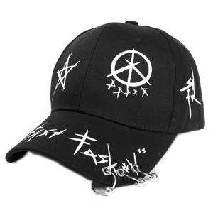 Streetwear black baseball cap with white graffiti patterns and three silver metal rings