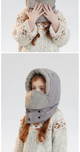 Detail of gray corduroy kids balaclava with warm fleece lining and snap buttons