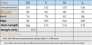 Detailed size chart with XS to L measurements for the V-neck plaid asymmetrical dress