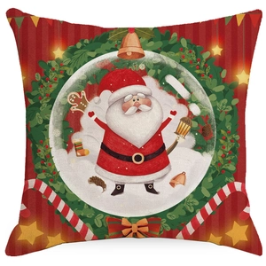 Christmas pillowcase with Santa Claus in green wreath on red striped linen cover