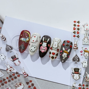3D Relief Nail Art Stickers Rabbit Poker Fairytale Theme Self Adhesive Embossed Texture Manicure Decals DIY Decoration
