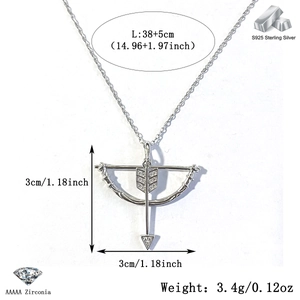 Detail showing S925 silver Cupid arrow necklace dimensions and AAAAA zircon specs