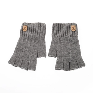 Gray knitted alpaca wool fingerless gloves with leather deer patch for outdoor warmth