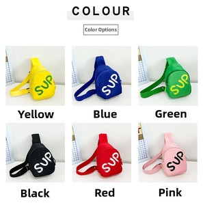 Close-up of colorful cartoon smile mini crossbody bags for kids in six vibrant colors