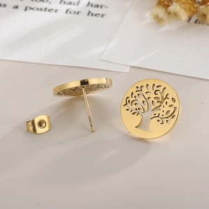 Detailed macro view of golden tree of life stud earrings with elegant cutout design