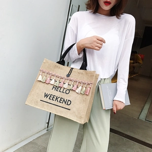 Women Jute Tote Bag With Colorful Tassels Hello Weekend Letter Print Large Capacity Casual Beach Vacation Jute Handbag