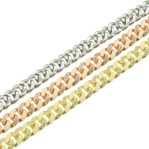 Three men's hip-hop Cuban link bracelets with crystals in silver, gold, and rose gold
