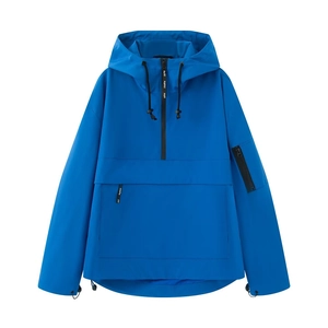 Klein blue outdoor anorak jacket featuring hood drawstrings and front utility pocket