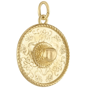 Detail of gold cowboy hat pendant with intricate engravings and polished metallic finish