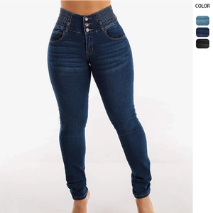Women High Waist Skinny Jeans Elastic Shirred Waistband Button Fly Tummy Control Slim Fit Denim Pencil Pants