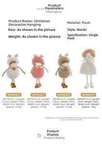 Detailed size specifications of assorted plush Christmas reindeer and angel ornaments