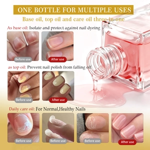 Detailed comparison showing 3-in-1 pink nail treatment base, top coat and care oil effect