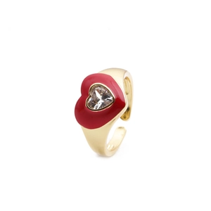 Minimalist gold heart ring with red enamel and sparkling central zircon stone