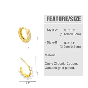 Size chart showing gold plated C-shaped earrings with cubic zirconia and pearls