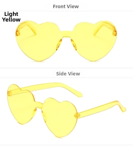 Vues de face et de côté de lunettes de soleil sans monture en forme de cœur jaune clair