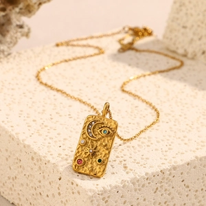 18K gold plated stainless steel rectangle pendant necklace with star, moon and eye charms