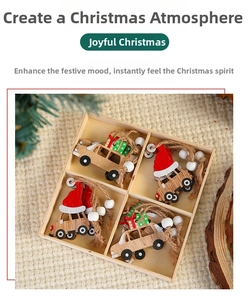 Detailed view of four wooden Christmas car ornaments with string in a grid storage box