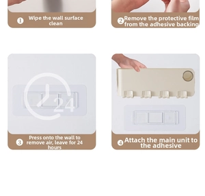 Detailed four-step installation guide for wall-mounted toothpaste dispenser and holder