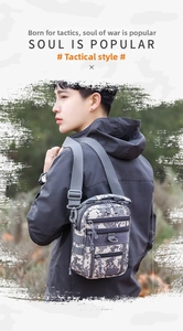 Detail of pixel camo tactical bag with multiple zipper compartments and adjustable strap