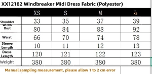 Size chart detail for the fashion midi dress showing measurements from XS to L